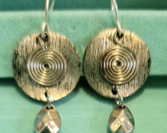 Upcyled  silver tone. boho, dangly earrings. Drop earrings. Spirals.  Festival, holiday jewellery.
