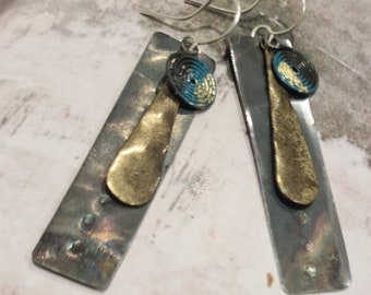 Upcycled rustic, black and teal, blackened tin artisan earrings with brass and 24carat gold leaf. Hammered earrings, dangly tribal earrings.