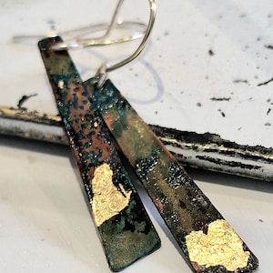 Rustic Oxidized Copper Drop Earrings: Green Patina, 24K Gold Leaf