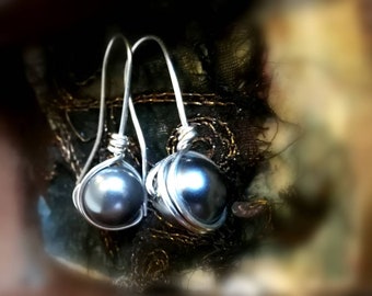 Silver grey swarovski pearl drop earrings on silver plated earwires