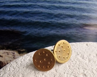 small rustic textured brass stud earrings on sterling silver posts