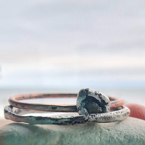Sterling silver, copper and raw blue diamond stacking ring duo. April birthstone. Birthday gift for her. Rustic rungs. Alternative wedding.
