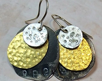 Upcycled rustic, silver and blackened tin with brass artisan earrings. Hammered, textured one of a kind, mixed metal. dangly brutalist.