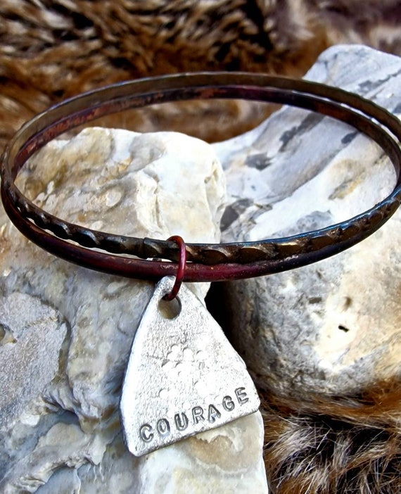 A Pair If Upcycled Metal Bangles With Courage Charm. Charm