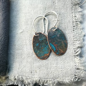 Oxidized Copper Drop Earrings: Rustic Blue Patina, Small Dangly Style