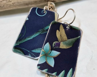 Upcycled tin handmade dark blue, gold & turquoise dangly drop earrings. Floral, hummingbird. Gift for gardener, first wedding anniversary.