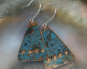 Rustic, festival, organic, natural, drop oxidised copper earrings