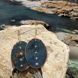 Oxidized Copper Drop Earrings: Rustic Blue Patina, Dangly Natural Style