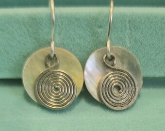 Upcyled mother of pearl shell and silver tone. boho, dangly earrings. Drop earrings. Spirals.  Festival, holiday jewellery.