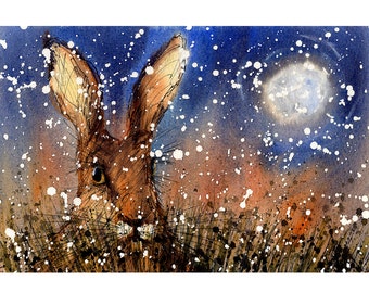 Bunny Hare Rabbit print christmas watercolour painting art, Signed Print of a Watercolour Painting