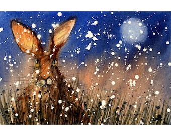 May include: A watercolor painting of a brown rabbit with large ears, looking directly at the viewer. The rabbit is surrounded by a field of tall grass and white snow. The background is a dark blue sky with a white moon.