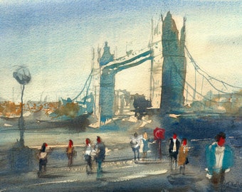 Tower Bridge London, London Bridge, Cityscape Landscape Signed Print from a  Watercolour Painting by British Artist