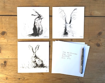 Hare Greeting Cards - 6 pack - 3 designs  - James Hollis - Square 14.5 x 14.5cm - Hare Cards - Blank Inside - Wildlife Cards