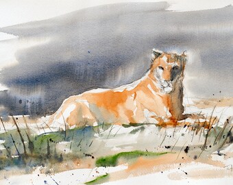 Lion painting original art lioness artwork African contemporay watercolor wildlife British art watercolour animal big cat 56x38cm (22x14.5&quot;)