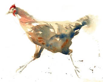 May include: Watercolor painting of a brown and white chicken running with a red comb. The chicken is painted in a loose, impressionistic style.