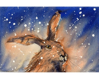 Christmas Hare First Snow, Signed Print of a Watercolour Painting