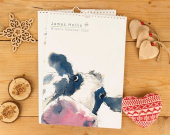 2024 kalender wandplanner - Wildlife kunst A4 kalender van James Hollis - Britse wildlife - Koe Haas