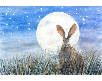 HARE painting ART PRINT moon hare pictures bunny art rabbit print wildlife wall art plus rabbit drawings hare pictures 21x29cm (8x11.5”)