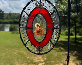 Pressed Flower Stained Glass Suncatcher | Red Oval Botanical Art Panel
