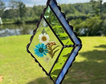 Pressed Flower Stained Glass Suncatcher | Geometric Blue Green Botanical Panel