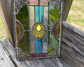 Art Nouveau Stained Glass Panel | Handmade Green & Aqua Suncatcher | Vintage Style Window Hanging