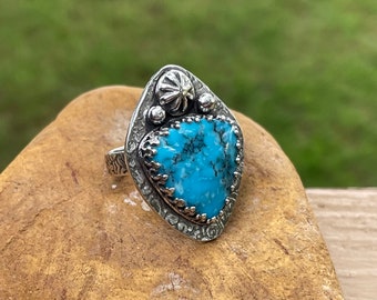 Kingman Spiderweb Turquoise Ring: Sterling Silver Statement Ring, Size 7