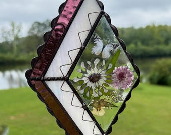 Mixed Media Stained Glass Suncatcher. Pressed Flowers & Butterfly Panel.