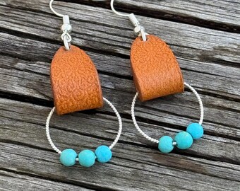 Leather Turquoise Dangle Earrings.
