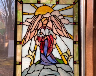 Winged Angel Holding Baby. Handmade Stained Glass Panel.