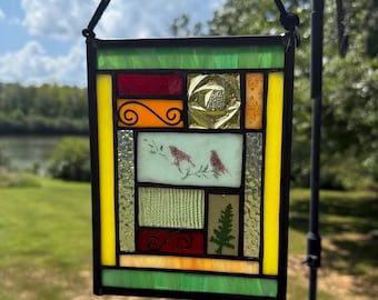 Stained Glass Bird Suncatcher, Woodland Birds & Evergreen, Handmade Nature Window Art.