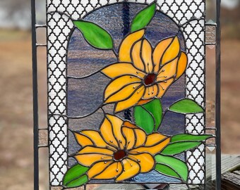 Orange Magnolia Stained Glass Panel | Handmade Floral Suncatcher Window Art