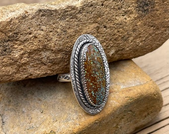 Sterling Silver Oval Turquoise Statement Ring: Hand Stamped Band, Size 8
