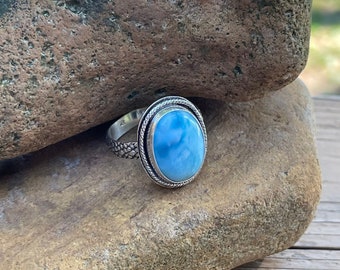 Oval Larimar Statement Ring: Sterling Silver Teardrop Band, Size 9