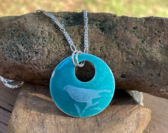 Sea Foam Enamel Pendant. Sterling Silver Pendant. Blue Bird Necklace.