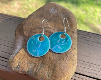 Sea Foam Enamel Sterling Silver Earrings: Round Branch Accent
