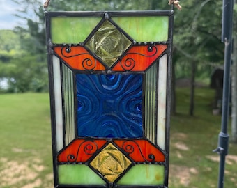 Geometric Stained Glass Panel | Textured Blue Suncatcher