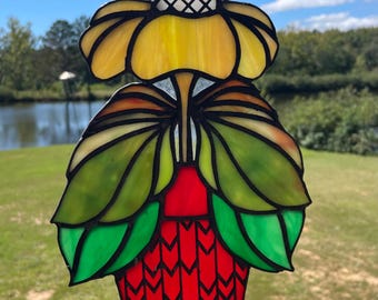 Sunflower Stained Glass Suncatcher: Flower Pot Panel (10x7in)