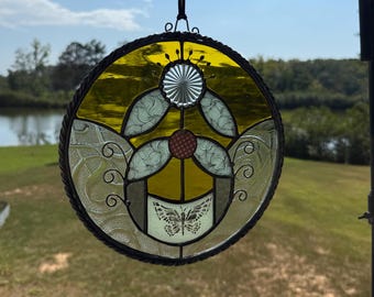 Handmade Botanical Window Panel with Butterfly Accent.