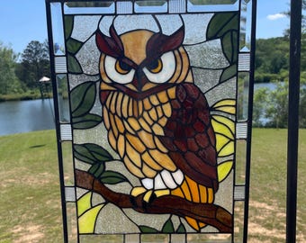 Handmade Owl Stained Glass Panel | Woodland Suncatcher Window Hanging Art