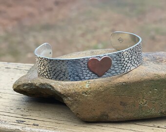 Sterling Silver Cuff Bracelet: Copper Heart, Textured Teardrop