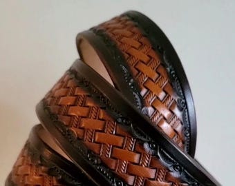 Brown Basket Weave Leather Belts Men's and Women's Handmade tooled and stamped leather and Big Buckle