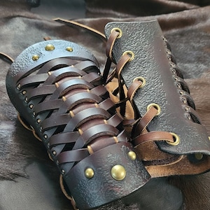 Leather Weaved Short Arm Bracers | Cuffs | Vam Bracers | Greaves | Medieval Viking Cosplay Renaissance Costuming | Gauntlet | Arm Guard