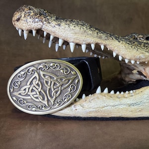 May include: Oval-shaped bronze belt buckle with a Celtic knot design. The buckle is set against a black leather belt and a textured background. The buckle features intricate knotwork and decorative flourishes.