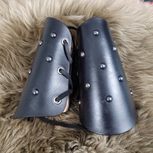 Leather Gunmetal Dome Arm Bracers | Cuffs | Vam Bracers | Greaves | Medieval Viking Cosplay Renaissance Costuming | Gauntlet | Arm Guard