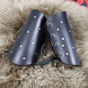 Leather Gunmetal Rivet Arm Bracers | Cuffs | Vam Bracers | Greaves | Medieval Viking Cosplay Renaissance Costuming | Gauntlet | Arm Guard