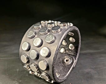 Black leather Chrome studded cuff | Wristband  | Rocker Bracelet | Armband | Wrap bracelet |