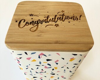 Canister Laser Engraved with Congratulations on Bamboo Lid