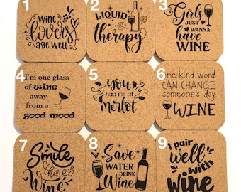Wine Quotes / Sayings Mix & Match Choose from 40 Designs Cork Coasters Set of 4