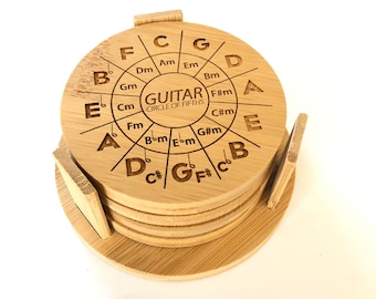 Juego de posavasos de bambú grabados con láser, diseño de círculo de quintas de guitarra