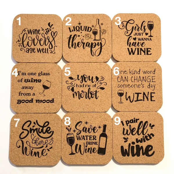 Wine Quotes / Sayings Mix & Match Choose from 40 Designs Cork Coasters Set of 4